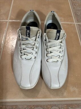 Keds Men’s White Leather Low-Top Sneakers with Navy Tongue Tabs